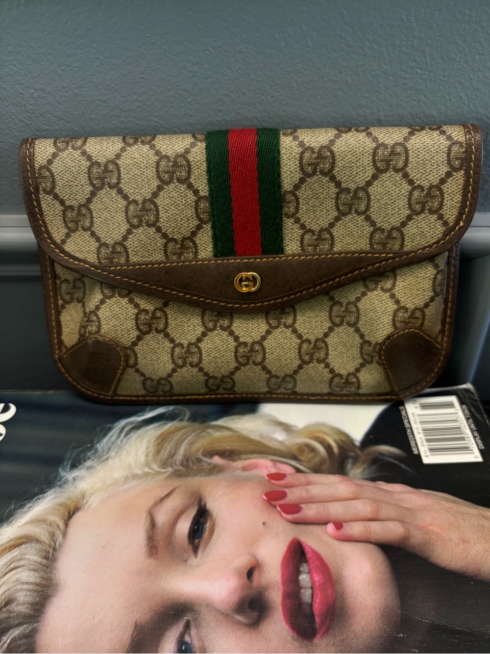 Gucci Monogram Canvas Clutch with Green-Red Web Stripe, Sherry Line